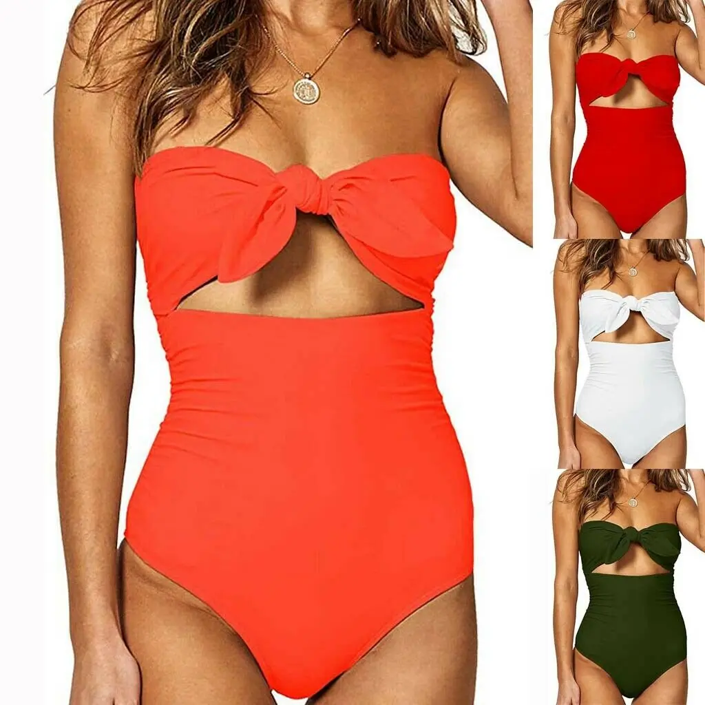 Новый сексуальный женский купальник с открытыми плечами без бретелек бантом