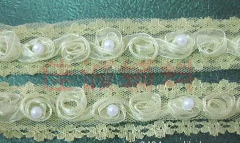 Wholesale 3cm Rose Chiffon lace flower 100yards/lot and pearl four color flowers DIY Garment Accessories |