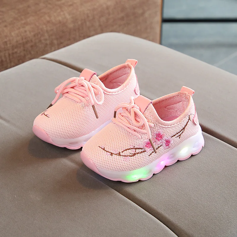 Спортивная обувь с вышитыми цветами для маленьких девочек Светящиеся кроссовки