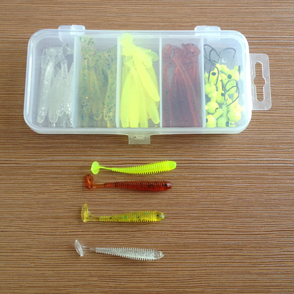 50pcs/lot Fishing Lures Lead Hooks Soft Bait Suit Set Tackle 5cm 0.6g and Jig Head 3g with Box Lure | Спорт и развлечения