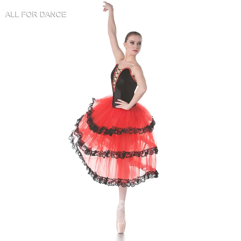 Красная испанская длинная балетная пачка черная бархатная верхняя лифа костюм