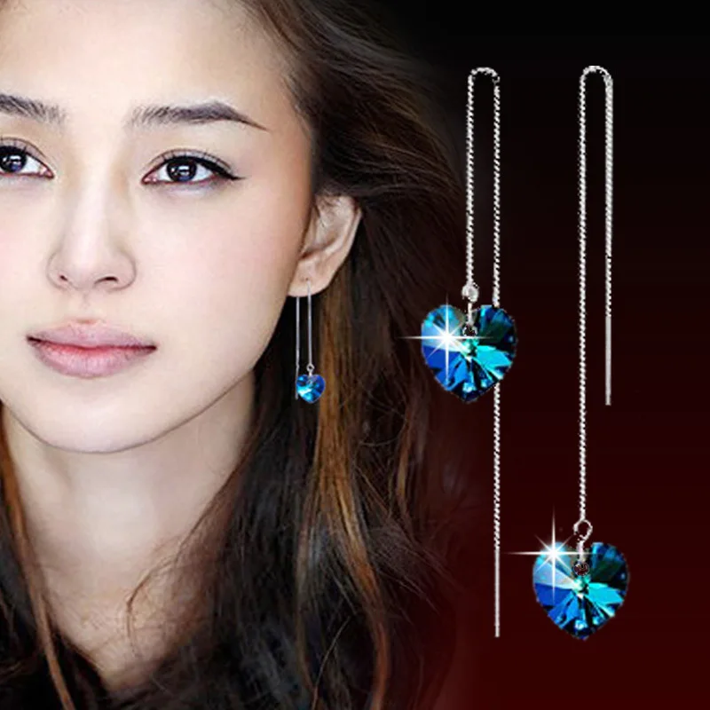 

Wholesale 925 sterling silver romantic blue love heart shiny crystal ladies drop earrings jewelry Anti allergy drop shipping