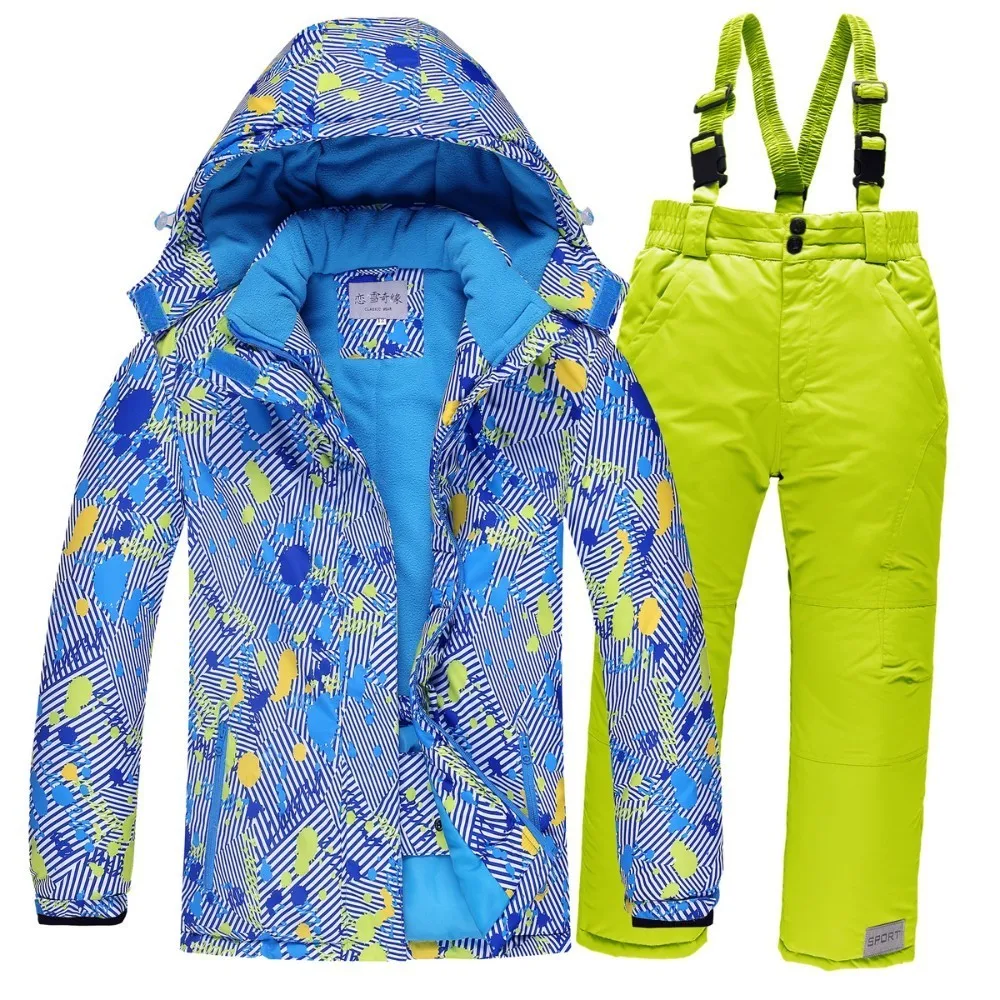 blue green Детские комплекты одежды для девочек до-30 градусов Лыжная куртка детская Водонепроницаемая уличная одежда для мальчиков теплые костюмы, российское зимнее пальто - Цвет: blue green
