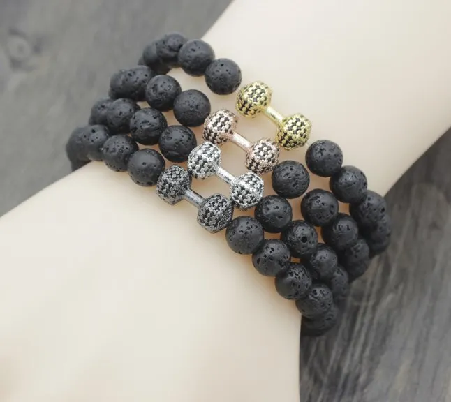 8mm fg34 Dumbbell gold cz zircon cubic zirconia elastic adjusted black volcanic lava Bracelet bead essential oils diffuser | Украшения и