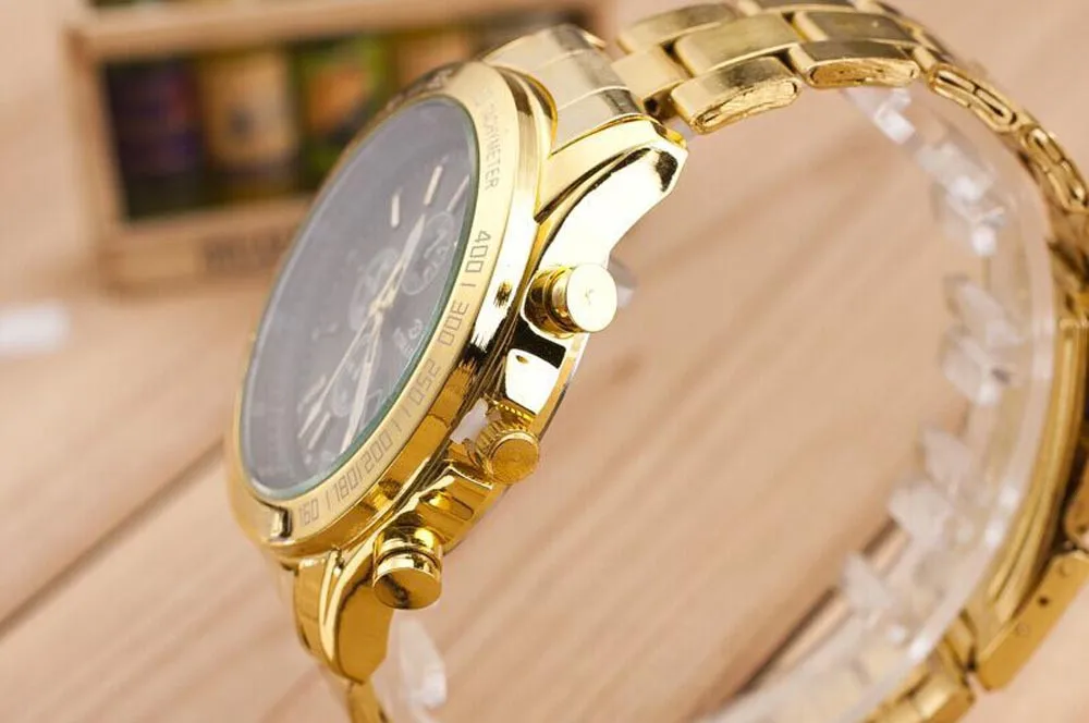 

New Men Stainless Steel Watch Luxury Brand Gold Plated Three Eyes Analog Quartz Movement Wrist Watches Clock relogio masculino