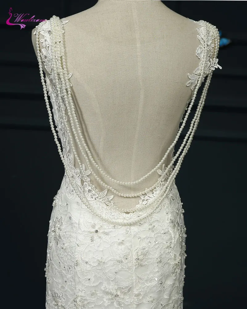 

Waulizane Lustrous Lace Sweetheart Mermaid Wedding Dresses Beading Crystals Pearls Sleeveless Backless Elegant Bridal Gowns