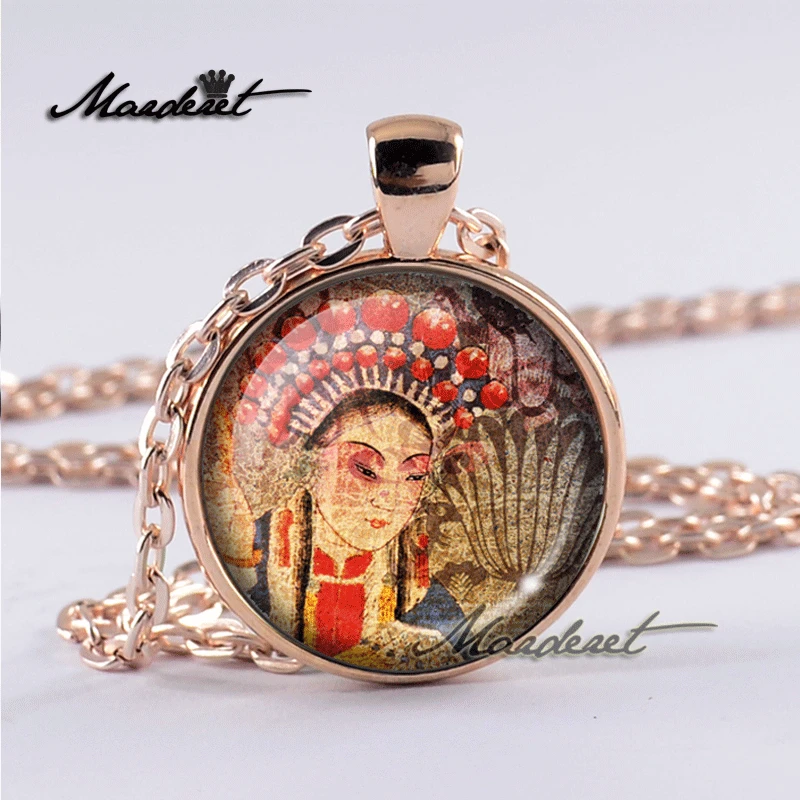 Maderet Vintage Beijing Opera Art Glass Cabochon Necklace Handmade Jewelry Dome Gear Round Retro Pendant | Украшения и аксессуары