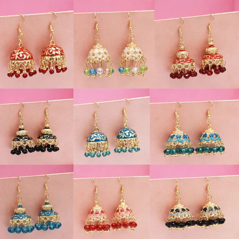 Этнические серьги Jhumka для женщин индийские полимерные с бахромой и бусинами