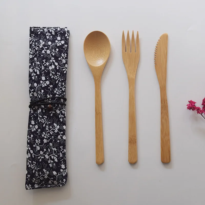 3Sets With cloth Bag 3 шт./компл. бамбуковая посуда набор деревянная Вилка Нож суп чайная ложка посуда столовые приборы фруктовая Вилка Набор Кухонные инструменты для приготовления пищи - Цвет: 3Sets With cloth Bag