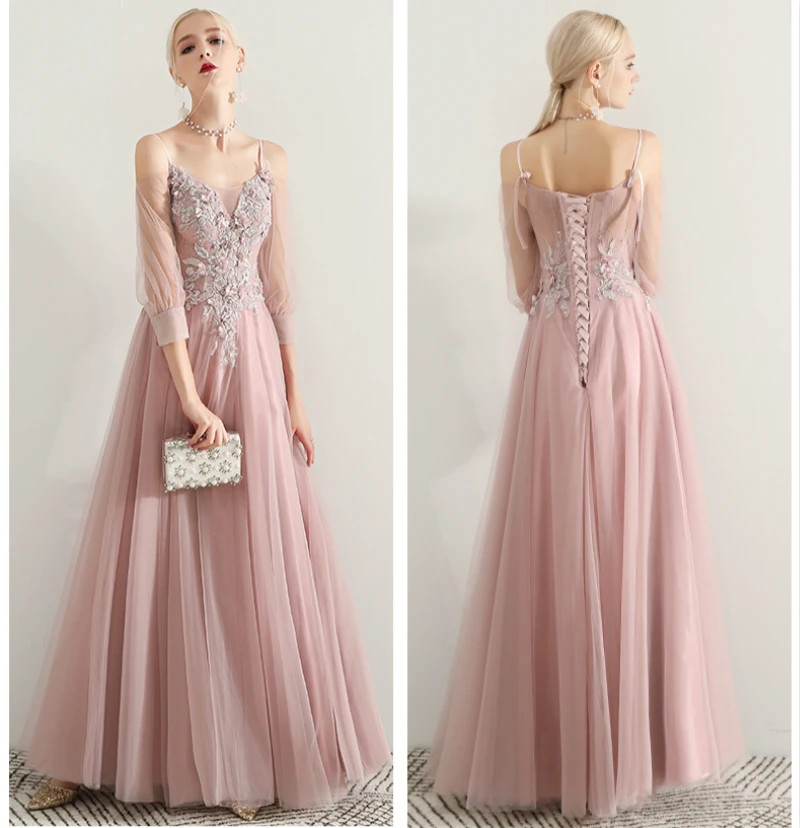 SSYFashion Новое Кружевное Вечернее Платье милое темно розовое 3/4 рукав длиной до пола