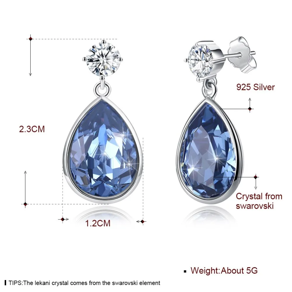Висячие серьги LEKANI с кристаллами Swarovski синие каплями воды 925 пробы романтические