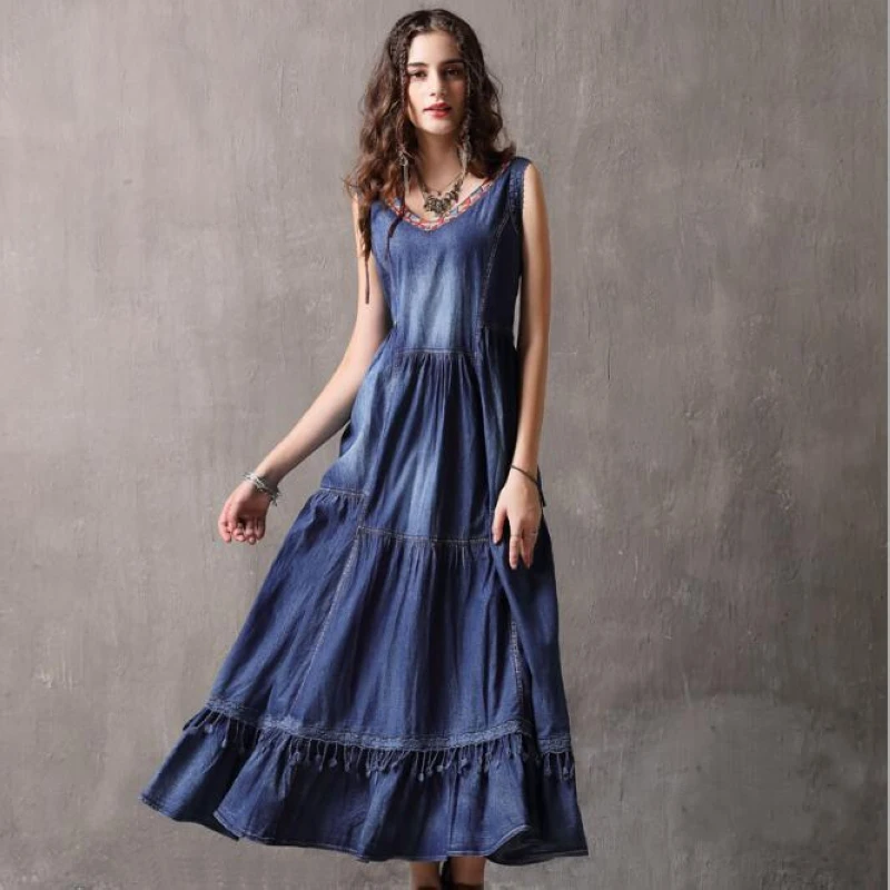 

2018 Fashion New summer dress,Vintage denim dress women long dress embroidery tank dress Free shipping LH2091