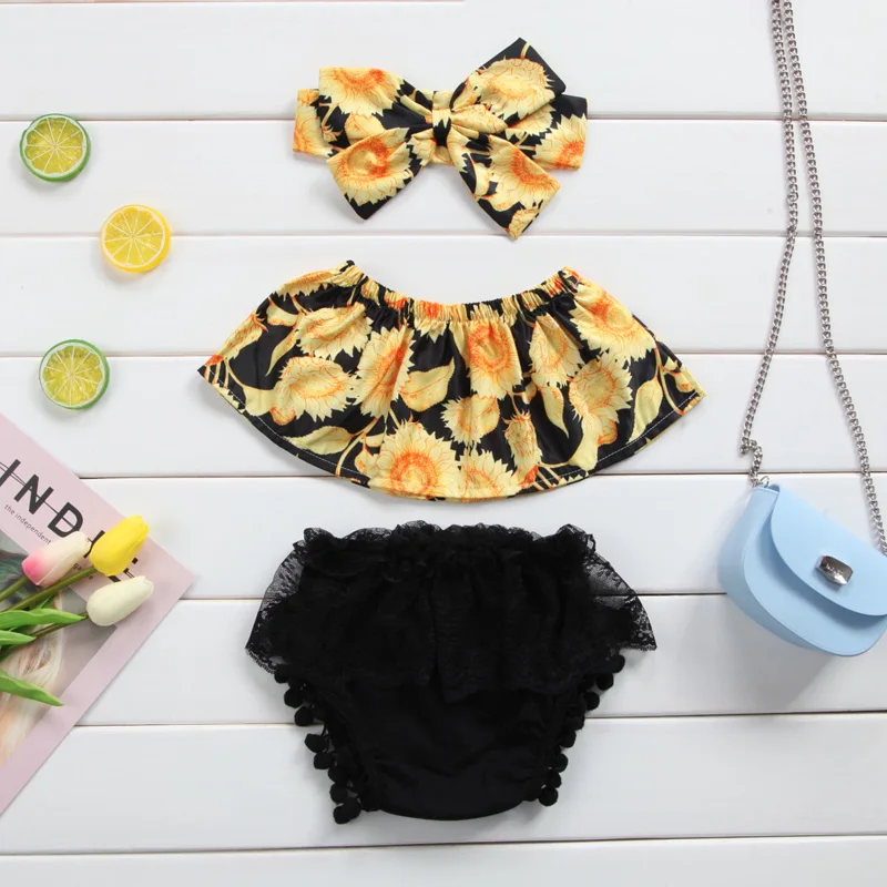 3PCS Cute Lovely 0-24M Newborn Toddler Baby Girls Sleeveless Off Shoulder Floral Print Shirt Tops Black Tassel Shorts Headband | Детская