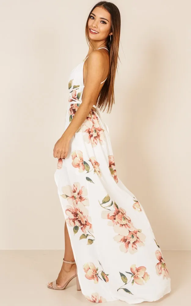 Girl Deep V Neck White Floral Women Dress Off Shoulder Sexy Strap Summer Beach Dresses Backless Maxi Long Vestidos | Женская одежда