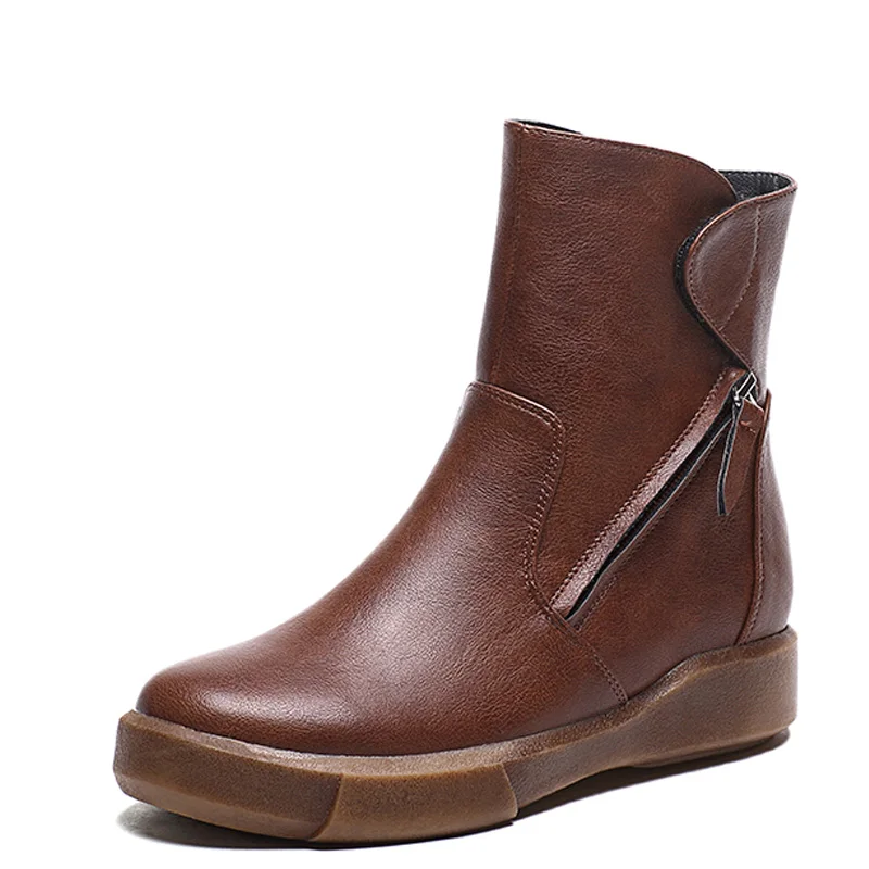 without plush brown DRKANOL/ дизайн; женские ботильоны с круглым носком; коллекция года; винтажные короткие плюшевые зимние ботинки из искусственной кожи; обувь Martin на плоской подошве - Цвет: without plush brown