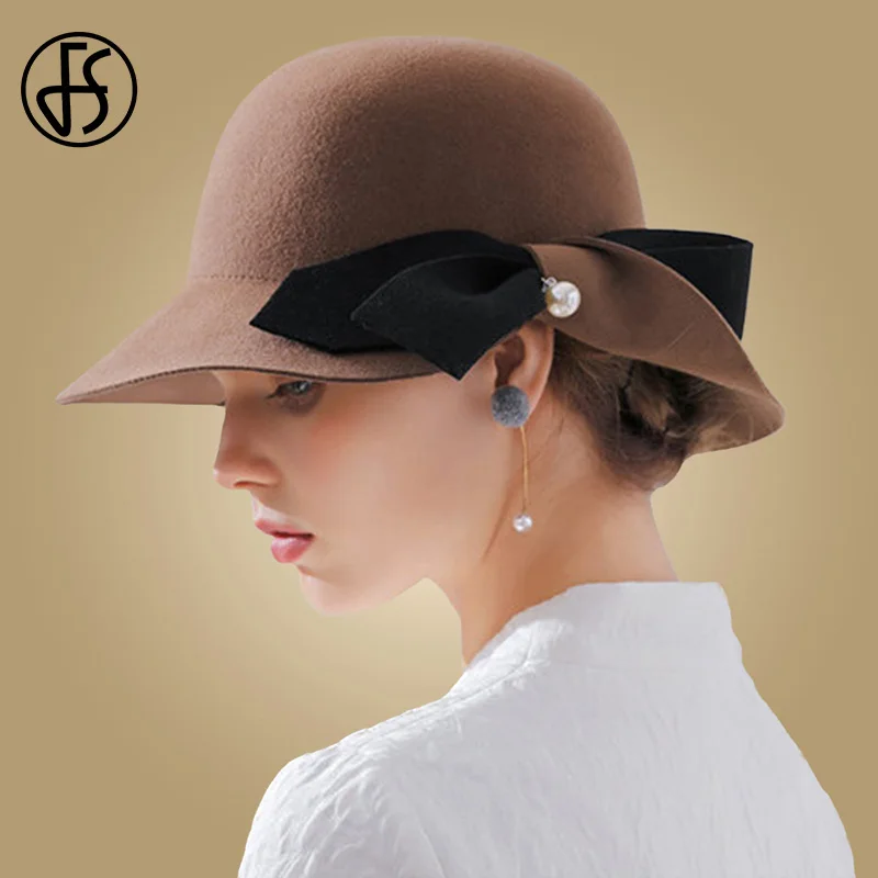 Khaki Wool Fedora FS, черные, розовые, шерстяные фетровые женские фетровые шляпы с бантом, с жемчугом, с широкими полями, зимние шапки, винтажная шляпа-Клош, Женская кепка, церковный Дерби, круглая Кепка - Цвет: Khaki Wool Fedora