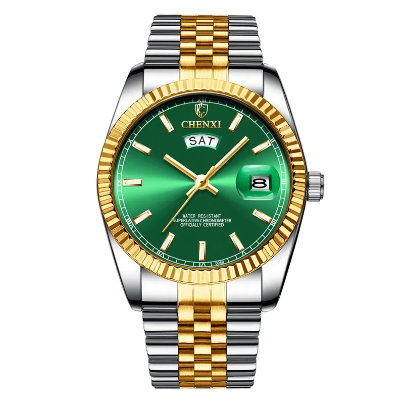 Silver Green Топ люксовый бренд Мужские часы CHENXI Новая мода кварцевые деловые мужские наручные часы Аналоговые часы с дисплеем недели и календаря - Цвет: Silver Green