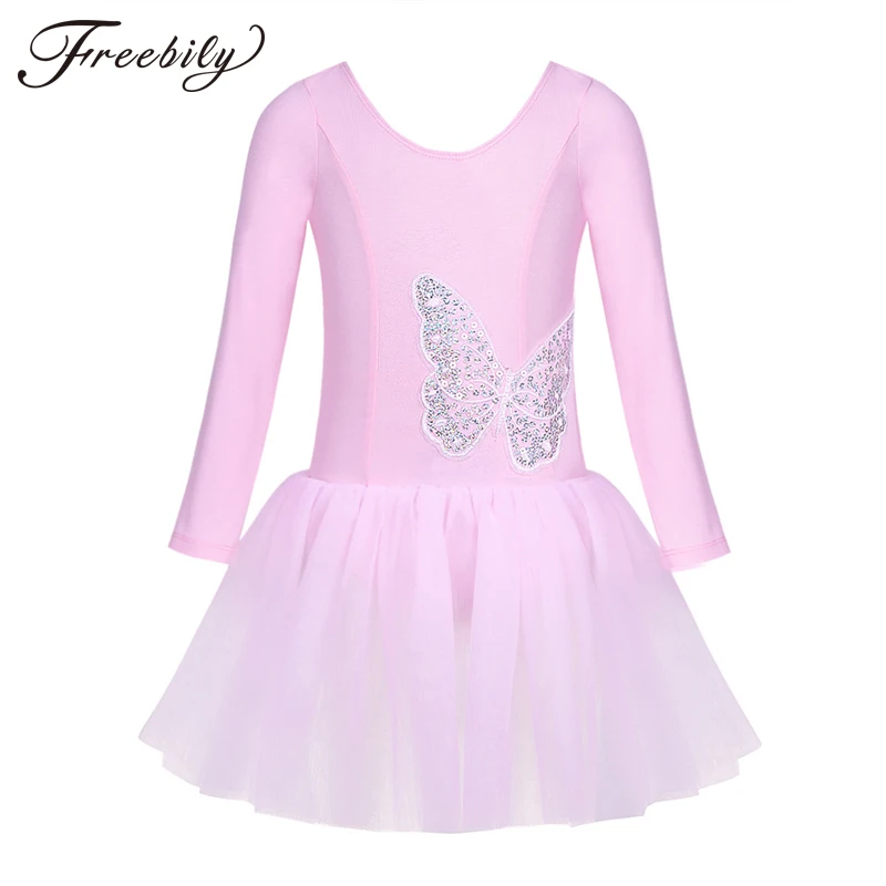 

Kids Girls Cotton Tulle Long Sleeves Sequined Figure Ice Skating Dress Children Ballet Gymnastics Leotard Lyrical Dance Costumes