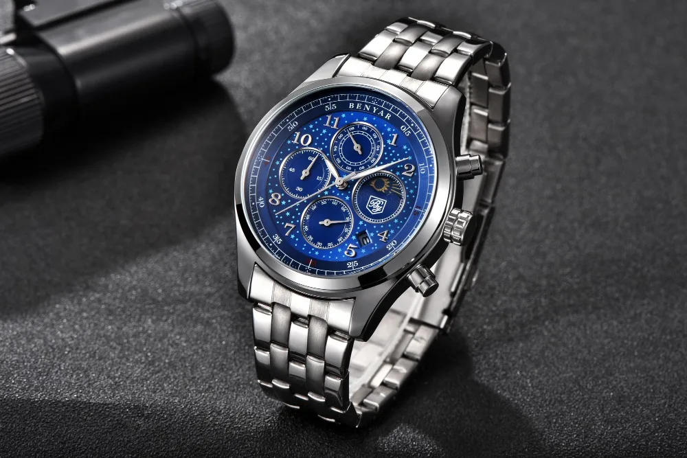 BENYAR Топ люксовый бренд Moon Phase часы мужские водонепроницаемые Хронограф военные спортивные кварцевые часы мужские часы Relogio Masculino