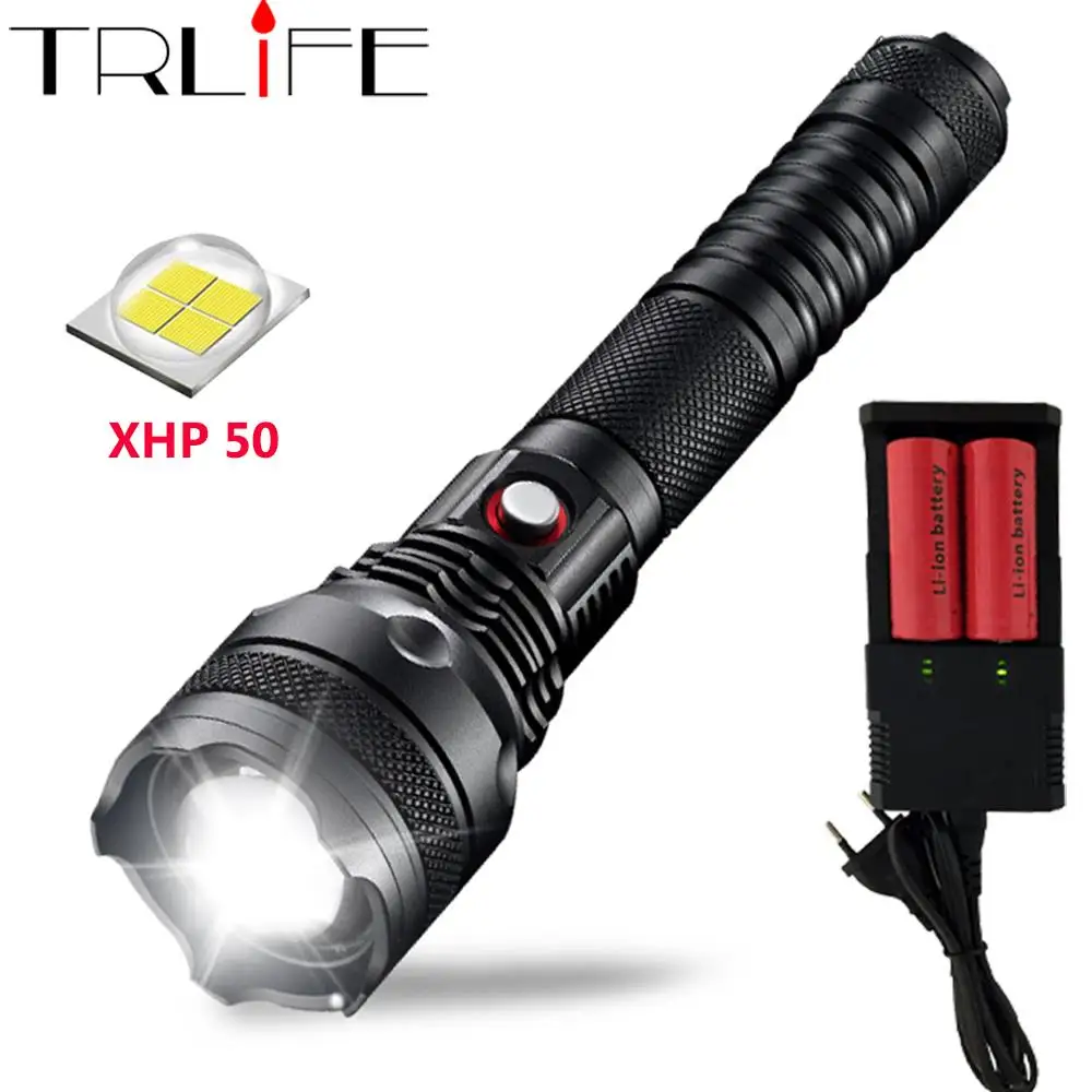 

LED Flashlight Searchlight XHP50 Powerful Flashlights Flash Light Self-Defense LED Torch By 2*26650 Battery For Camping