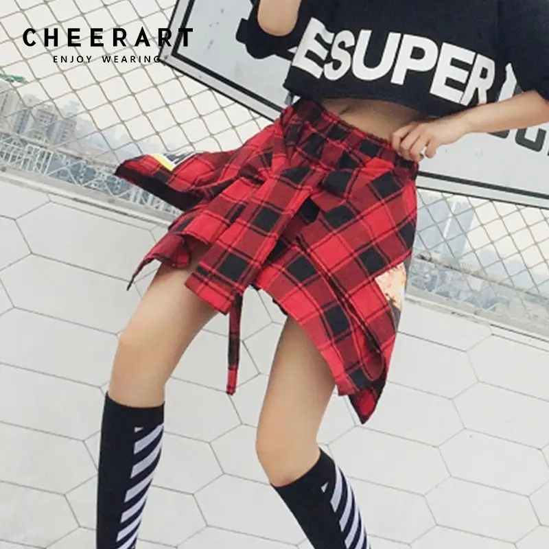 Красный Cheerart Асимметричная танцевальная клетчатая юбка Buffalo, женская панк-рок-юбка, Летняя асимметричная мини-юбка, уличная одежда - Цвет: Красный