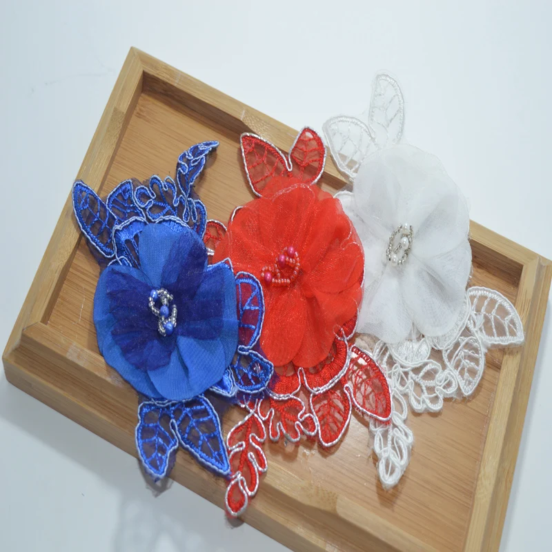 somelace (3pcs/lot)blue~red~white Handmade Beads Wedding Dress Decorated 3D Organza floral Applique Sew On Lace Patches 18030818 | Дом и сад