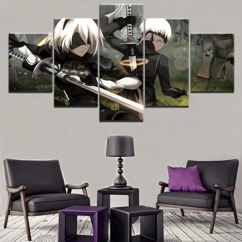 Настенные художественные декоративные модульные картины 5 шт. игра NieR Automata YoRHa 2B и