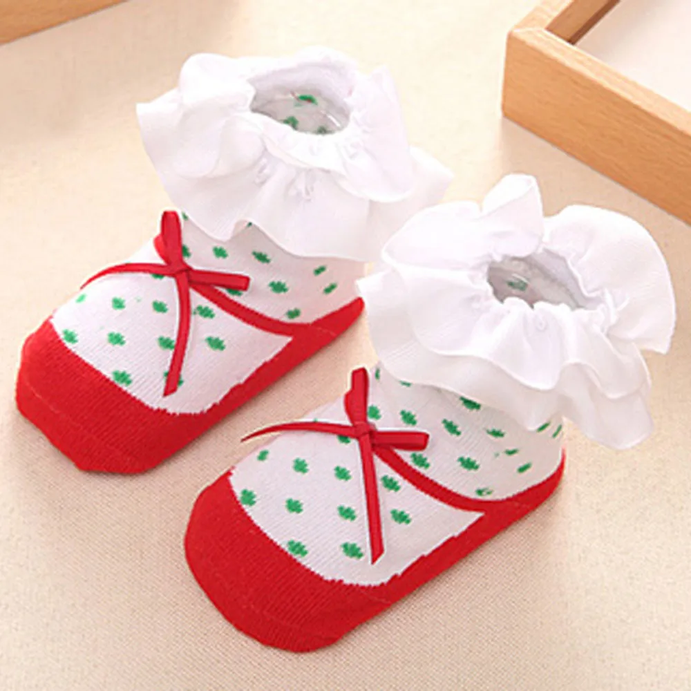 Newborn Baby Girls Cute Polyester Christmas Lace Bow Floor Socks Anti-Slip Step clothes | Детская одежда и обувь