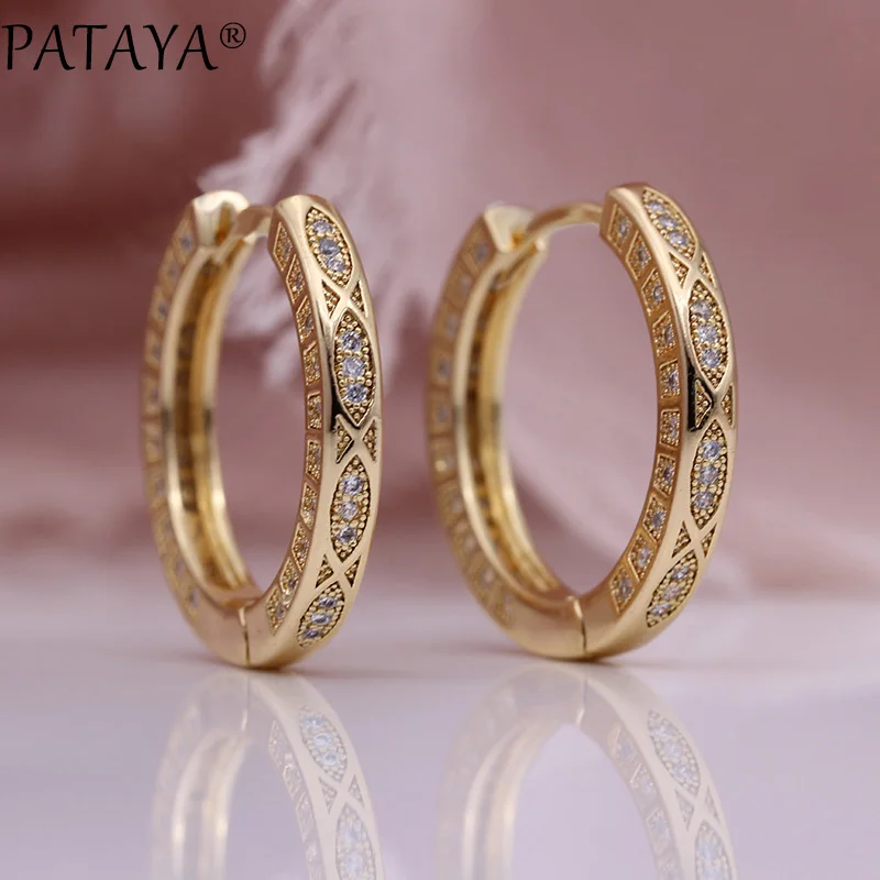 

PATAYA New 585 Rose Gold Color Drop Earrings Women Wedding Jewelry White Round Natural Zircon Luxury Fashion Retro Grid Earring