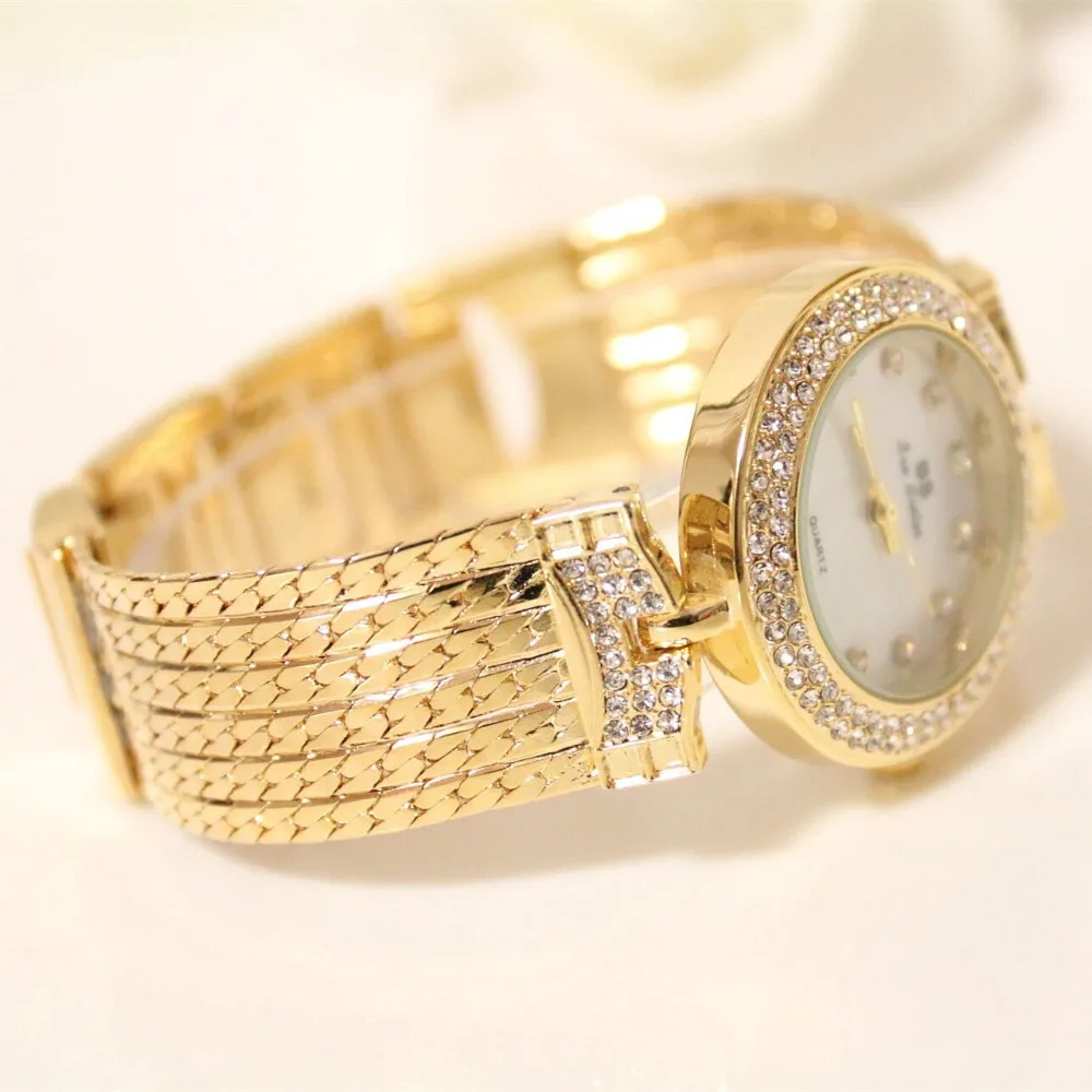 Часы наручные BS женские со стразами модные роскошные золотистые с браслетом |