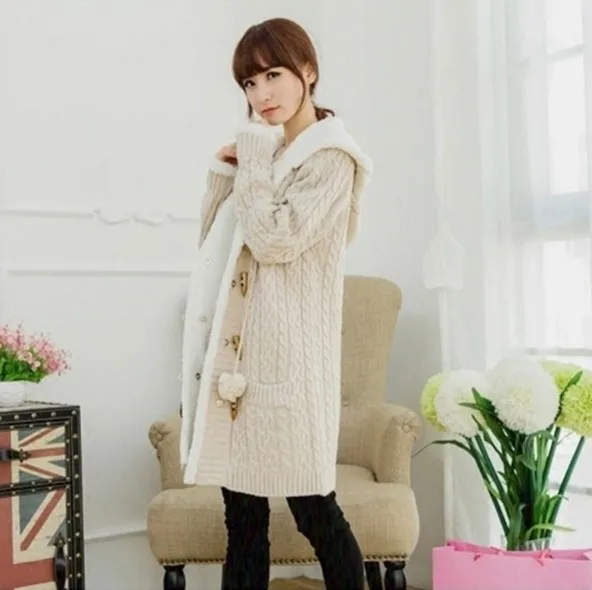 2019 New winter cashmere sweater thick warm hooded coat Korean Slim double-breasted knitted long cardigan |