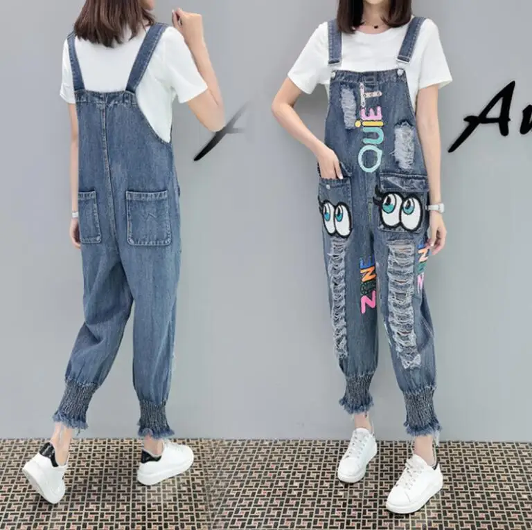 2018 Harajuku Street style women Denim Jeans Cartoon Sequined jean Jumpsuits Colored Letters and Ripped Hole Women Jean s1807 | Женская