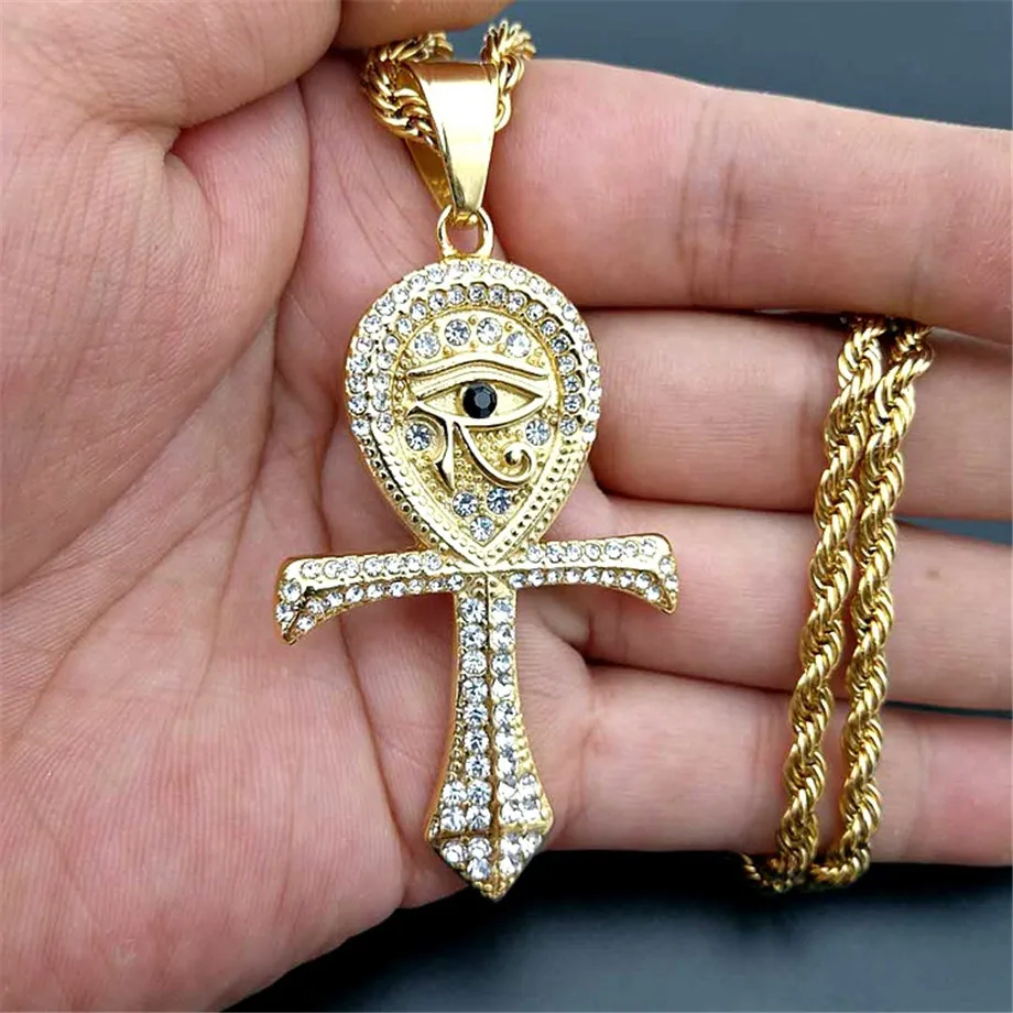 

Egyptian Ankh Cross Pendant Necklace For Women/Men Gold Color Stainless Steel Eye of Horus Necklace Iced Out Bling Egypt Jewelry