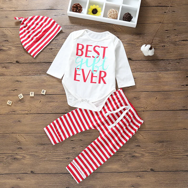 Autumn Winter Baby Girl Clothes Newborn Toddler Long Sleeve Letter Romper+stripe Pants+hat 3pcs Baby Suit Infant Clothing Set