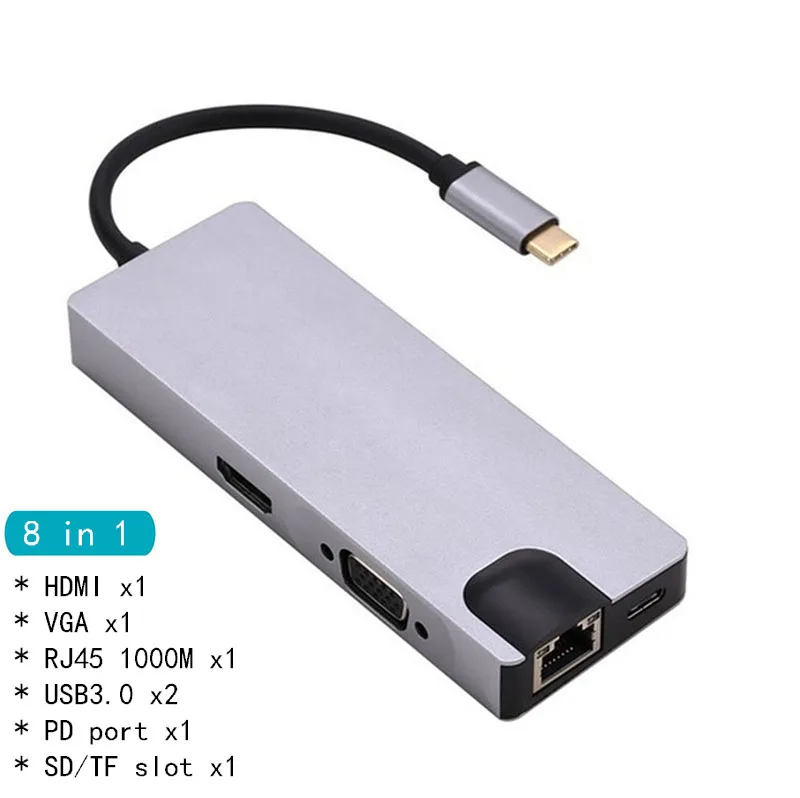 8 in 1 Gray Док-станция с разъемом типа C HDMI VGA USB3.0 power Delivery Hub для ноутбука Macbook Pro hp DELL Surface lenovo samsung s8/s9 - Цвет: 8 in 1 Gray
