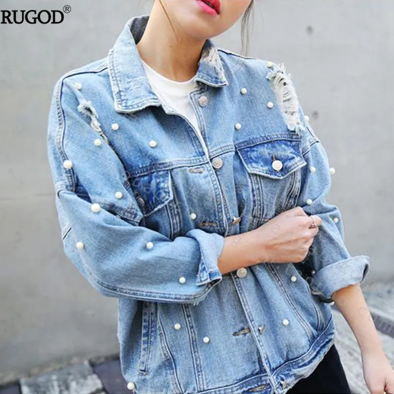 Женская джинсовая куртка Rugod винтажная рваная с бусинами и длинным рукавом