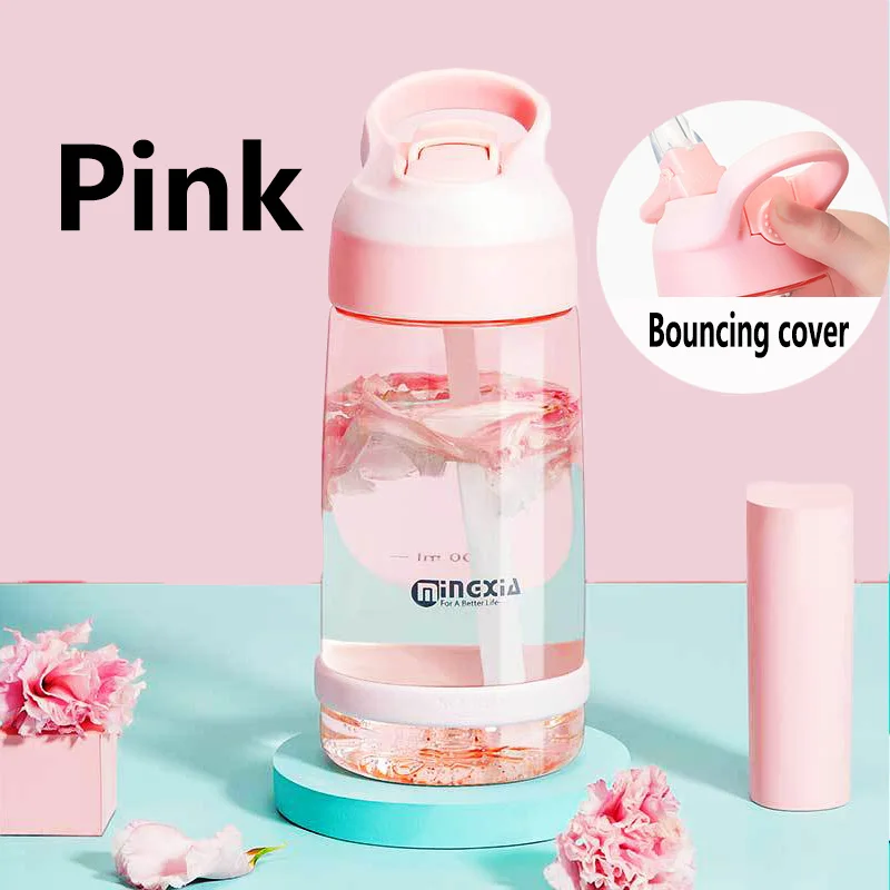 Pink Креативная портативная прозрачная соломенная пластиковая Студенческая бутылка для воды для девочек, для улицы, Герметичная Бутылка Для Воды - Color: Pink