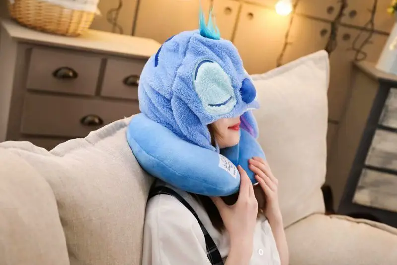 Disney Stitch plush doll car travel neck pillow hat u-shaped pillow office nap pillow portable aircraft sleep lady neck pillow