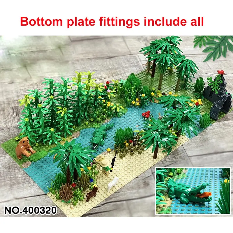 Whole Set Rainforest Baseplate Parts Animal Green Grass Jungle Bush Flower Tree Plants Building Blocks DIY MOC Assemble Children Toy Gifts - Цвет: Whole Set
