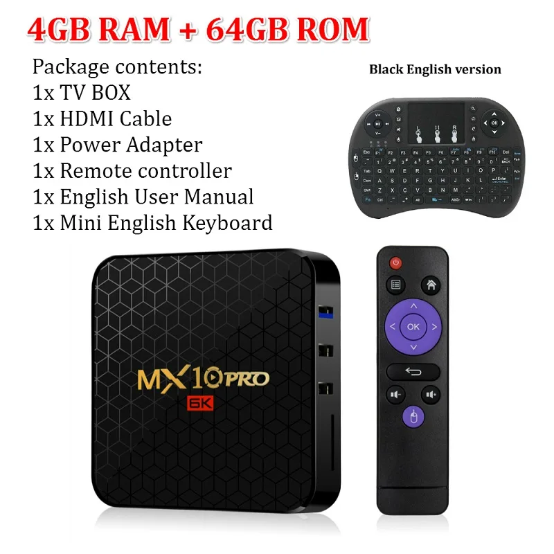 4G 64G EU keyboard T ТВ коробка MX10 Pro Android ТВ коробка 4 Гб оперативной памяти, 32/64GB Android 9,0 ТВ коробка Allwinner H6 4 ядра с разрешением 4K HDR 2,4 ГГц WI-FI USB 3,0 ТВ комплект компьютерной приставки к телевизору - Цвет: 4G 64G EU keyboard