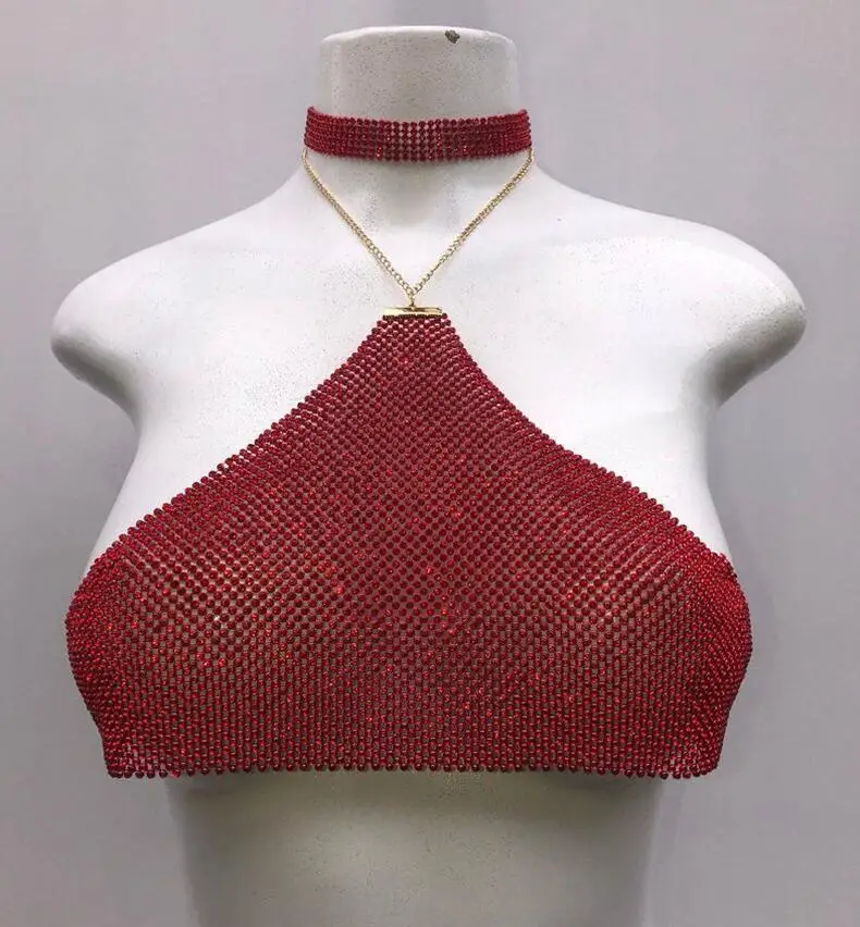Red Сексуальный короткий топ на бретельках с металлической цепочкой и бриллиантами, женский пляжный топ с блестками, летние укороченные вечерние топы на бретельках для ночного клуба - Цвет: Red