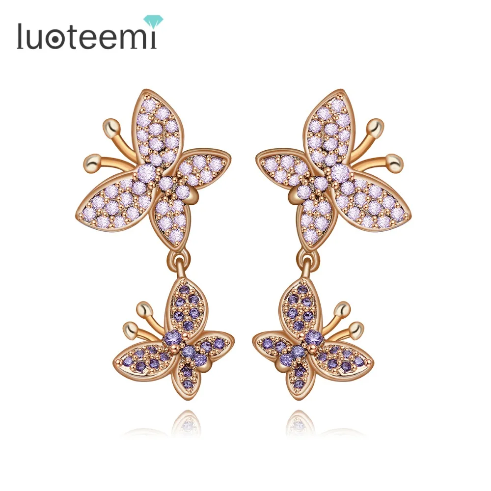 

LUOTEEMI New Delicate Animal Stud Earrings Champagne White Gold-Color Cubic Zirconia Double Butterfly Brincos for Women Jewelry