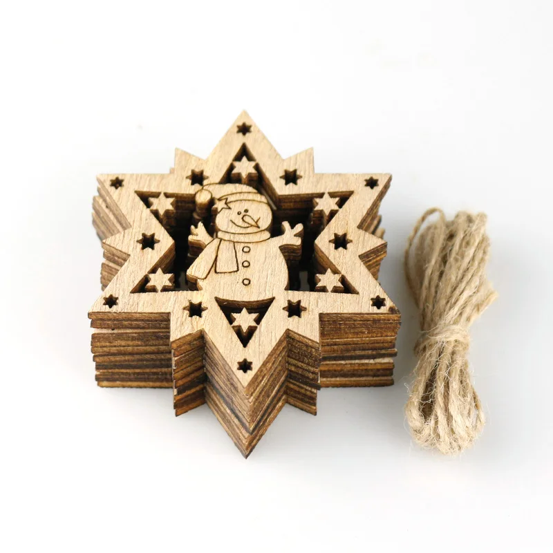 10PCS Snowman Star Wood Chips 7.5CM Chrismas Tree Pendent Decor Natural Wall Hanging Handmade Craft Wooden Accessories | Дом и сад
