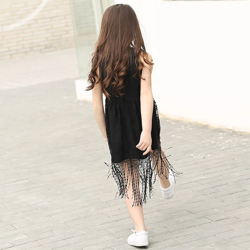 2018 Summer Girl Black Tassel Dress Kids Vest Children Girls Sleeveless Fringe Clothing For 5 8 11 16 Year Old | Детская одежда и