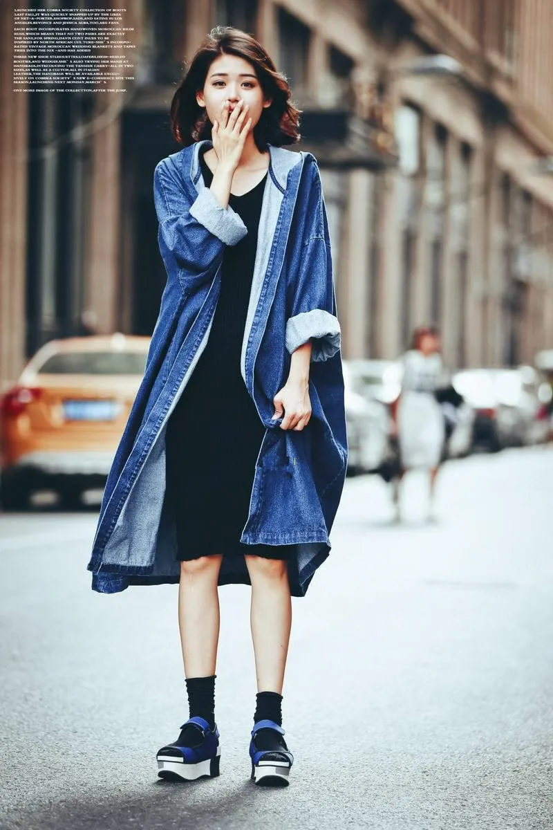 

Casual women x-long denim trench open stitch no botton hooded coat