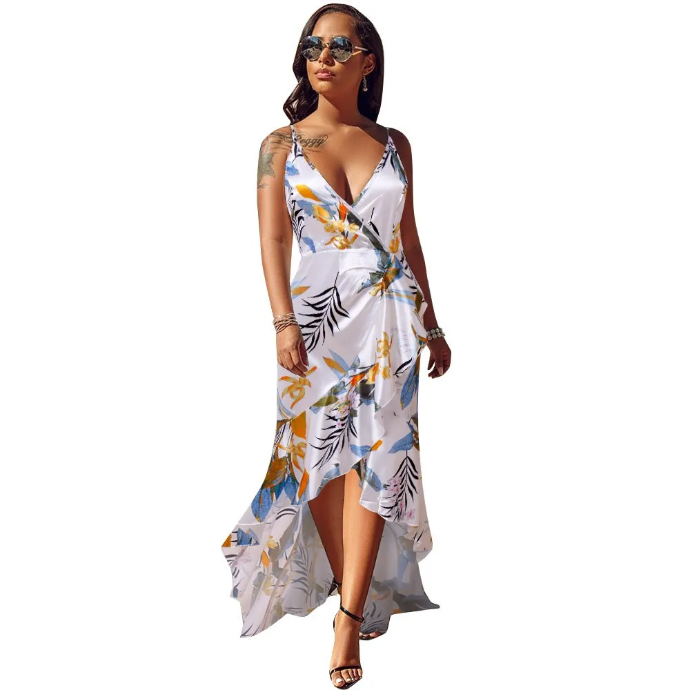 Women Spaghetti Strap Bohemian Dress Deep V-Neck Floral Print Ruffles Maxi Party Sleeveless Mermaid Dresses | Женская одежда
