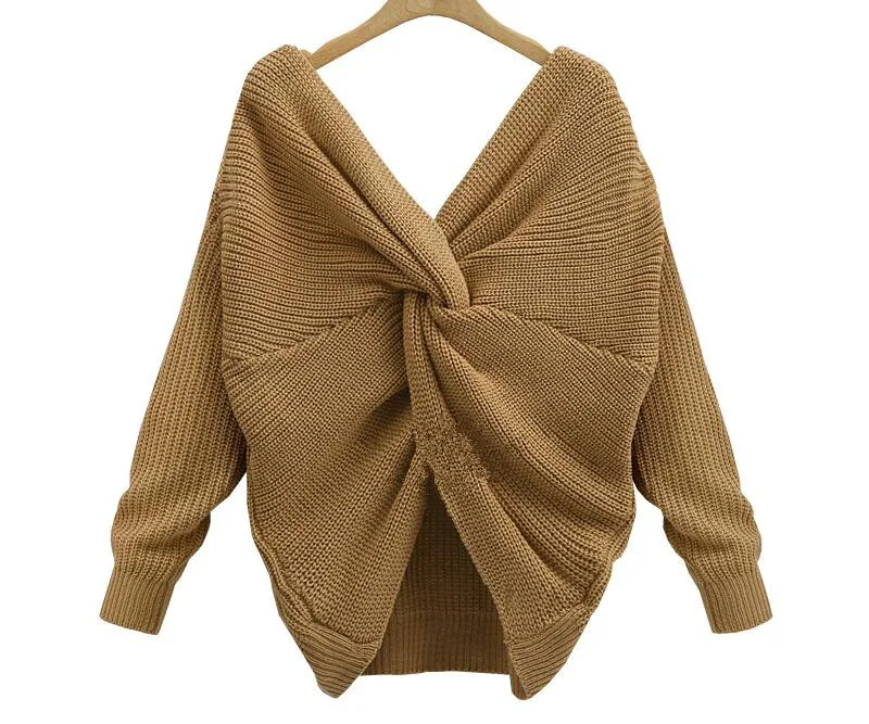

Wipalo 2018 New 5 colors V Neck Twisted Back Sweater Women Jumpers Pullovers Casual Tops Long Sleeve Knitted Sweaters pull femme
