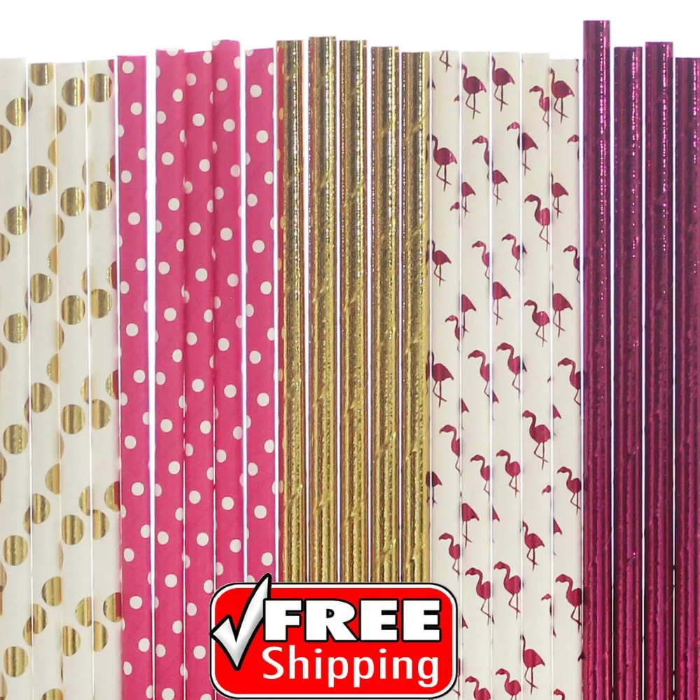 

250pcs Mixed 5 Styles Gold Pink Themed Paper Straws-Hot Pink Foil,Flamingo,Dot,Plain,Solid Color-Wedding Girl 1st Birthday Party