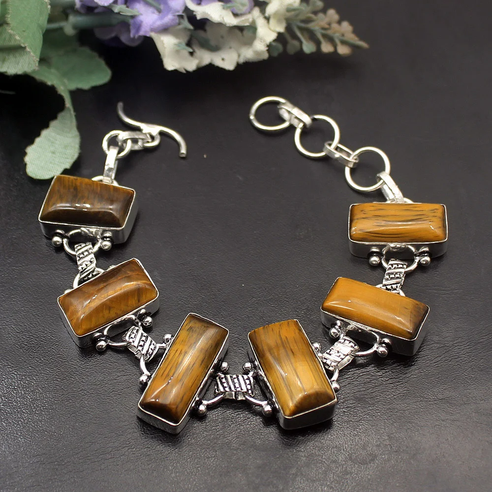 Hermosa Royal Charms Gold Tigers Eye Chain Links Bracelet 7.75 Inch A08 Free Shipping | Bracelets