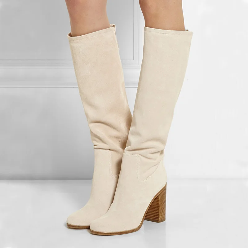 Марка Осень Зима Коренастый Пятки Женщин Сапоги Замшевые Кожаные Ботинки